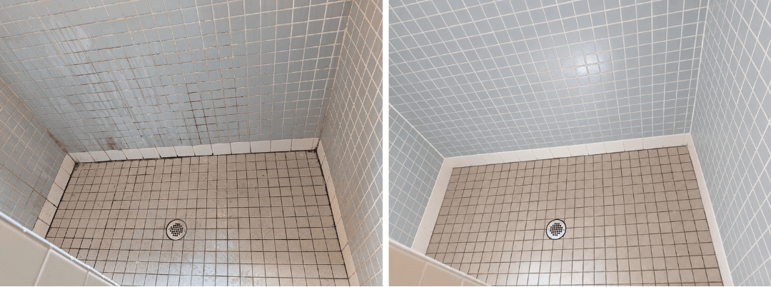 Before and after: shower corner with stained grout and soap scum restored to bright blue wall tiles, clean tan floor tiles, and white grout